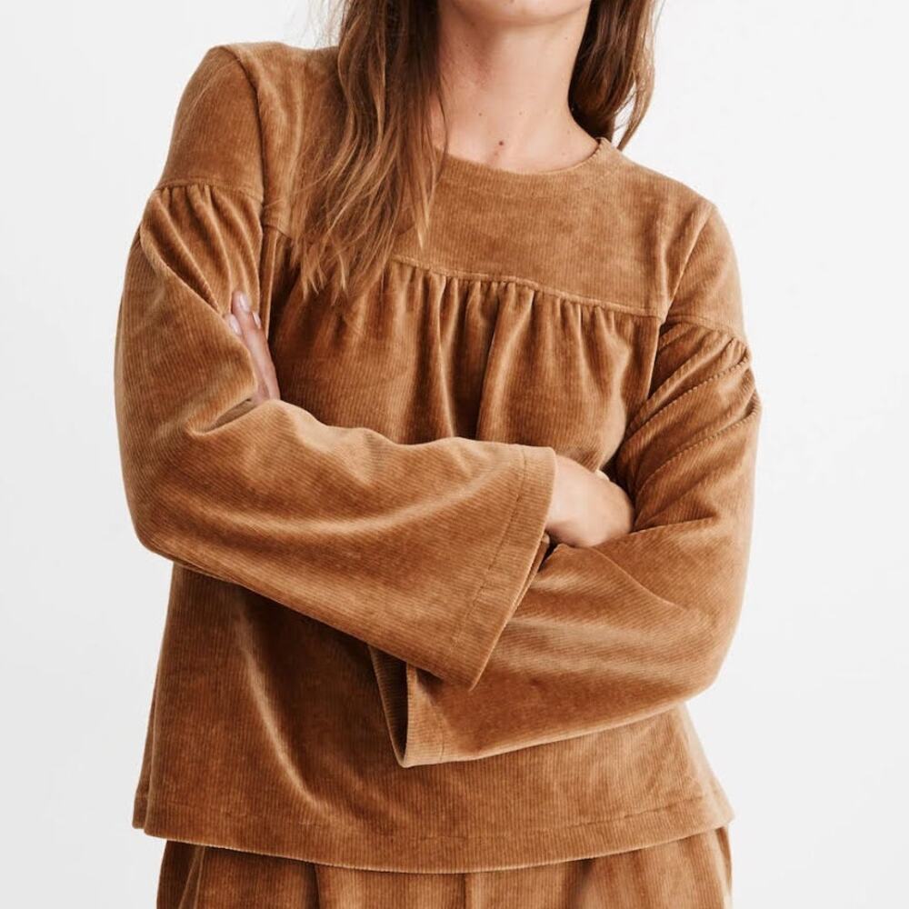 Madewell Texture & Thread Corduroy Swing Top XS Mustard Bell Sleeve Mockneck